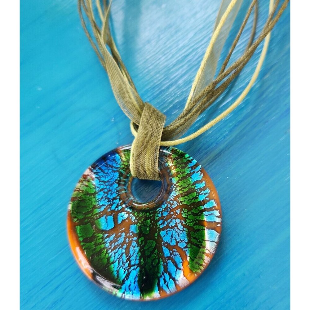 Dichroic Glass Donut Pendant Choker Blue & Green Art Museum Necklace NWOT